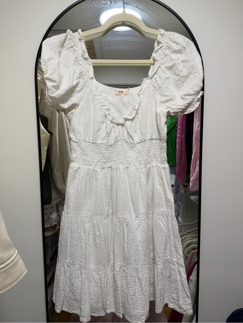 Mi Ami White Textured Puff Sleeve Mini Dress | XS